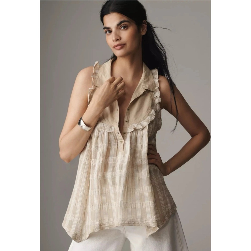 Anthropologie‎ Pilcro Small Sleeveless Seaside Ruffled Collared Swing Blouse